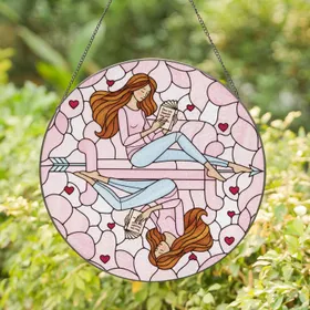 Mother Daughter Mirroring Reading Books Glass Hearts - Home Decor Gift for Book Lovers Stained Glass Suncatcher