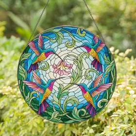 Hummingbirds Flowing Leaves Abstract Floral - Wildlife Lover Home Decor Gift Stained Glass Suncatcher