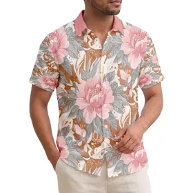 Tropical Pink Peach Open Petal Rose Peony Flowers Grey Green Leaves Buds - Home Decor Gift Hawaiian Shirt