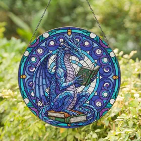 Scholarly Dragon Reading Book Stack Geometric Mosaic - Home Decor Gift for Book Lover Stained Glass Suncatcher