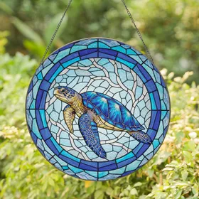 Sea Turtle Deep Blue Aquatic Circular Home Decor Gift for Ocean Lover Stained Glass Suncatcher