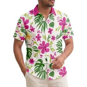 Fuchsia Pink Yellow Tropical Flowers Green Leaves Berry - Summer Vacation Travel Gift Hawaiian Shirt