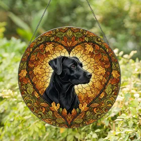 Black Dog with Heart Outline and Swirling Autumn Leaves - Dog Lover Home Decor Gift for Pet Owners Stained Glass Suncatcher