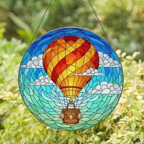 Stained Glass Hot Air Balloon Swirling Clouds - Home Decor Gift Stained Glass Suncatcher