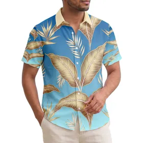 Tropical Banana Strelitzia Leaves Metallic Gold White Vein Sky Aqua Blue - Home Decor Gift Hawaiian Shirt