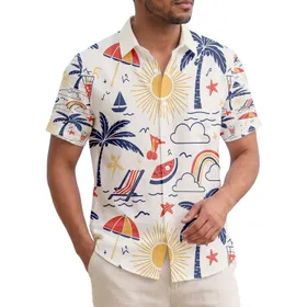 Palm Trees Sun Beach Umbrella Ocean Wave Sailboat Starfish - Summer Travel Getaway Gift Hawaiian Shirt