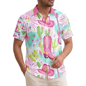 Hot Pink Cowboy Boots Hats Bull Skulls Guitars Tropical Hibiscus Palm - Boho Lifestyle Gift Hawaiian Shirt