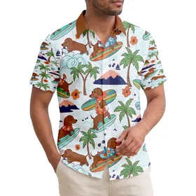 Dachshunds Surfing Ocean Waves Palm Trees - Beach Lifestyle Gift for Dog Lover Hawaiian Shirt