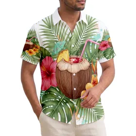 Coconut Cocktail Pineapple Cherry Hibiscus Palm Tropical Flowers - Summer Beach Vacation Gift Hawaiian Shirt