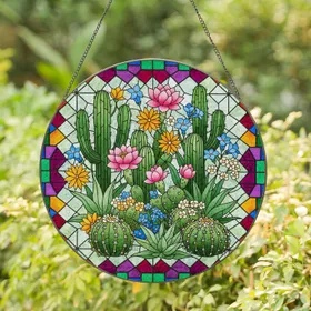 Cacti Cluster Lotus Starburst Desert Flowers Succulent - Home Decor Gift Stained Glass Suncatcher