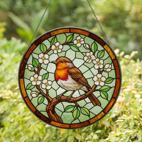 Orange Robin Bird Stained Glass Blossom - Wildlife Lover Home Decor Gift Stained Glass Suncatcher