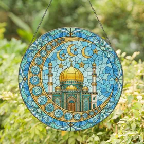 Teal Gold Islamic Grand Mosque Minarets Golden Crescent Moon Stars - Home Decor Gift Stained Glass Suncatcher