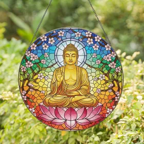 Golden Buddha Pink Lotus Cherry Blossoms - Home Decor Gift for Yoga Lover Stained Glass Suncatcher