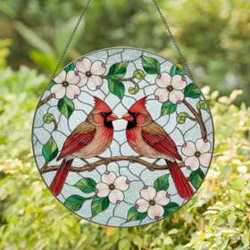 Northern Cardinals Perched Dogwood Blossoms Branch Scene - Home Decor Wildlife Lover Gift Stained Glass Suncatcher