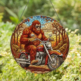 Bigfoot Motorcycle Cruiser - Wildlife Lover Gift for Motorcycle Enthusiasts Stained Glass Suncatcher