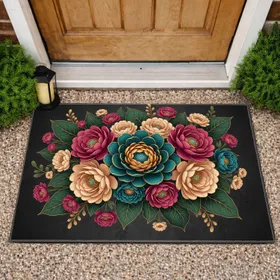 Deep Pink Rich Teal Golden Lush Floral Arrangement Home Decor Accent Doormat