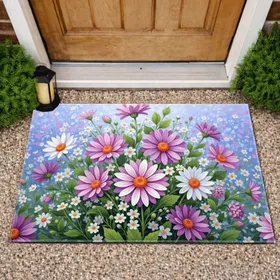 Vibrant Purple Pink White Orange Daisy Field Botanical Blooms - Everyday Home Decor Doormat