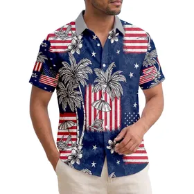 Distressed American Flag Palm Tree Beach Chair Scene Summer Vacation Travel Essentials Hawaiian Shirt