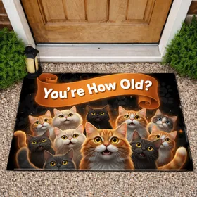Astonished Cats 'You're How Old?' Tabby Cat - Humorous Birthday Gift Doormat