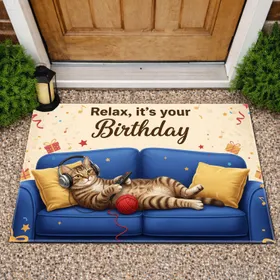 Relax It's Your Birthday Tabby Cat Headphones Blue Sofa Yarn Ball - Cat Lover Gift Doormat