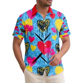 Golden Yellow Pink Red Hearts Drippy Lines Brushstrokes Floral Explosion - Travel Gift Hawaiian Shirt