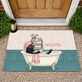 Black Cat Turban Sunglasses Bathtub Reading Welcome - Home Decor Gift for Cat Lover Doormat