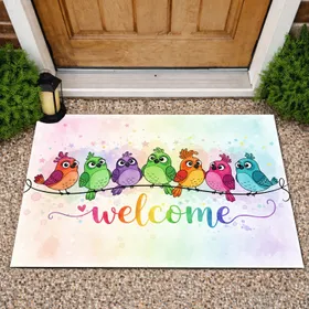 Nine Cartoon Birds Rainbow Welcome Pink Heart Sparkling Stars Home Decor Gift Doormat