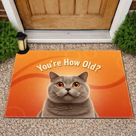 Surprised British Shorthair Cat 'You're How Old?' Birthday Gift for Cat Lover Doormat
