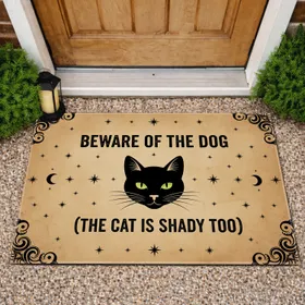 Black Cat 'Beware Of The Dog' Shady Cat Celestial Scrollwork Home Decor Gift Doormat
