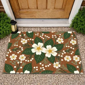 White Five Petal Flowers Green Leaves Berry Buds Home Decor Gift Doormat