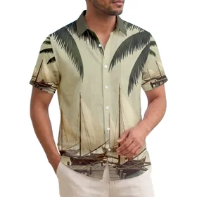 Tropical Sailboats Palm Trees Pier - Hazy Morning Home Decor Gift for Boating Enthusiast Hawaiian Shirt