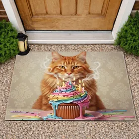 Orange Maine Coon Cat Cupcake Candles White Smoke - Vintage Wallpaper Home Decor Gift Doormat