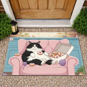 Fluffy Black White Tuxedo Cat Donut Armchair - Everyday Home Decor Gift for Cat Lover Doormat