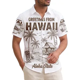 Greetings From Hawaii Beach Stilt House Tiki Aloha State Travel Gift Hawaiian Shirt