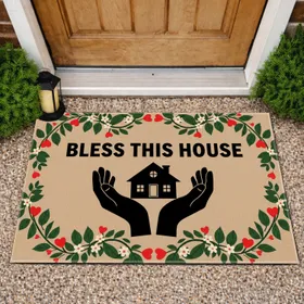 Bless This House Cupped Hands Home Red Hearts Vine - Home Decor Housewarming Gift Doormat