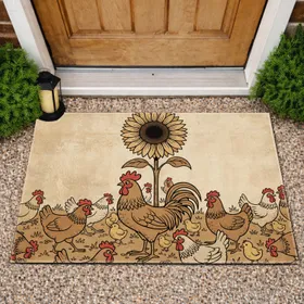 Cartoon Chickens Rooster Sunflower - Rustic Farmhouse Home Decor Gift Doormat