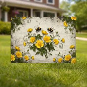 Realistic Bumblebee Buttercup Flowers Rustic Wood Grain - Nature Lover Gift Yard Sign