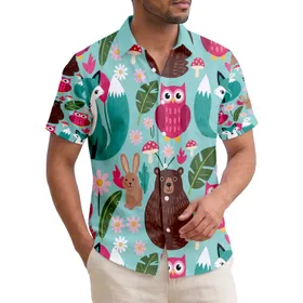 Brown Bears Teal Foxes Crimson Owls Rabbits Mushrooms Flowers Leaves - Wildlife Lover Gift Hawaiian Shirt