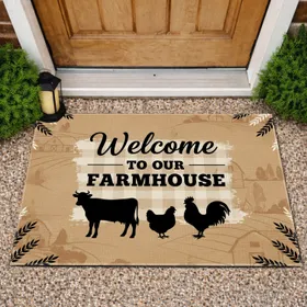 Welcome Farmhouse Cow Hen Rooster Wheat Sprigs Barn Hills Farmhouse Decor Gift Doormat