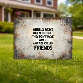 Angels Exist Friends Quote Rustic Metallic Wings - Home Decor Friendship Gift Yard Sign