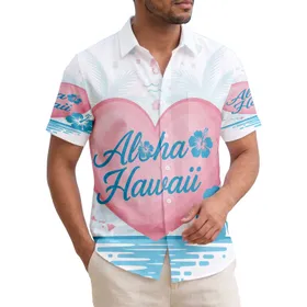 Pink Heart Aloha Hawaii Blue Hibiscus Tropical Getaway Gift Hawaiian Shirt