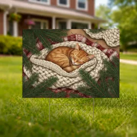 Orange Tabby Cat Sleeping Cable Knit Blanket Pine - Home Decor Cat Lover Gift Yard Sign