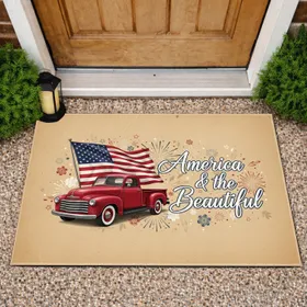 Vintage Red Pickup Truck American Flag America & the Beautiful Independence Day Home Decor Doormat