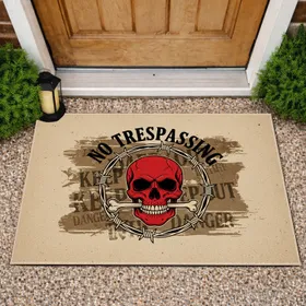 No Trespassing Red Skull Barbed Wire Wreath - Bold Rustic Home Entrance Decor Doormat