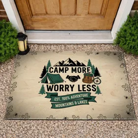 Camp More Worry Less Camping Tent Mountains Pine Trees - Outdoor Adventure Gift Doormat