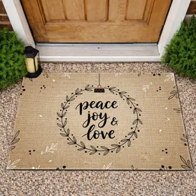 Peace Joy Love Botanical Wreath Festive Ornament - Rustic Farmhouse Home Decor Gift Doormat