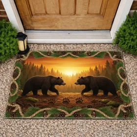 Bears Sunset Pine Forest - Rustic Home Decor Gift for Wildlife Lover Doormat