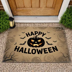 HAPPY HALLOWEEN Jack-O'-Lantern Flying Bats Bare Trees - Seasonal Decor Doormat