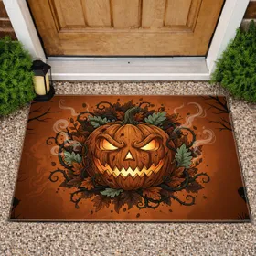 Jack-o'-Lantern Pumpkin Face Rustic Autumnal Foliage - Halloween Home Decor Doormat