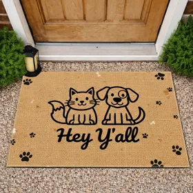 Cartoon Cat Dog Hey Y'all Text - Pet Lover Home Welcome Gift Doormat